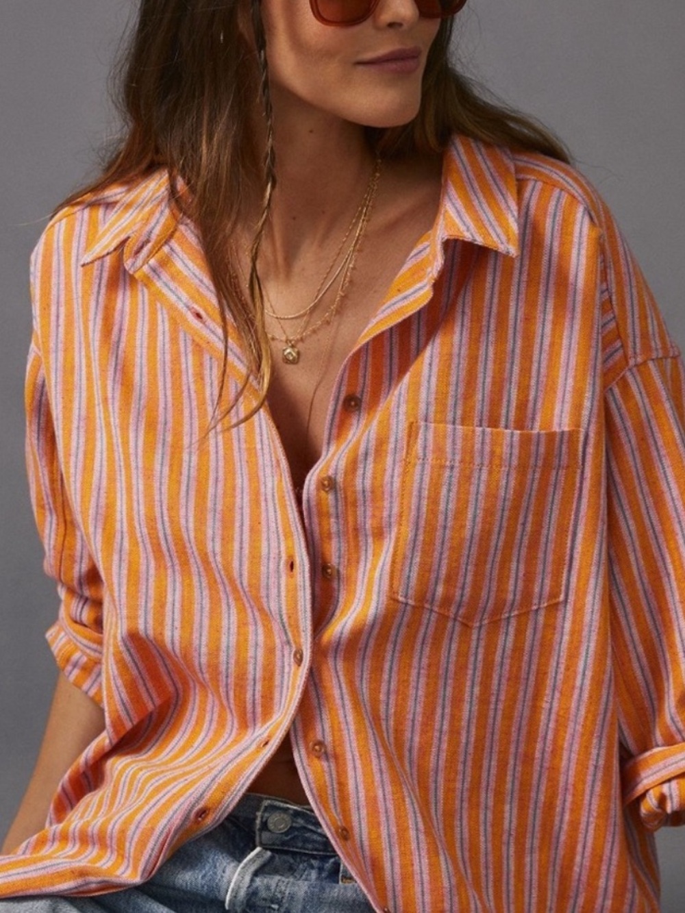 Anthropologie Pilcro Orange Striped Oxford Tunic Buttondown Shirt Oversized S - Picture 2 of 10